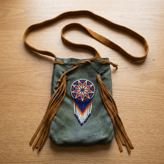 Beaded Suede Phone Pouch ~ Sage & Fringe Rosette-1