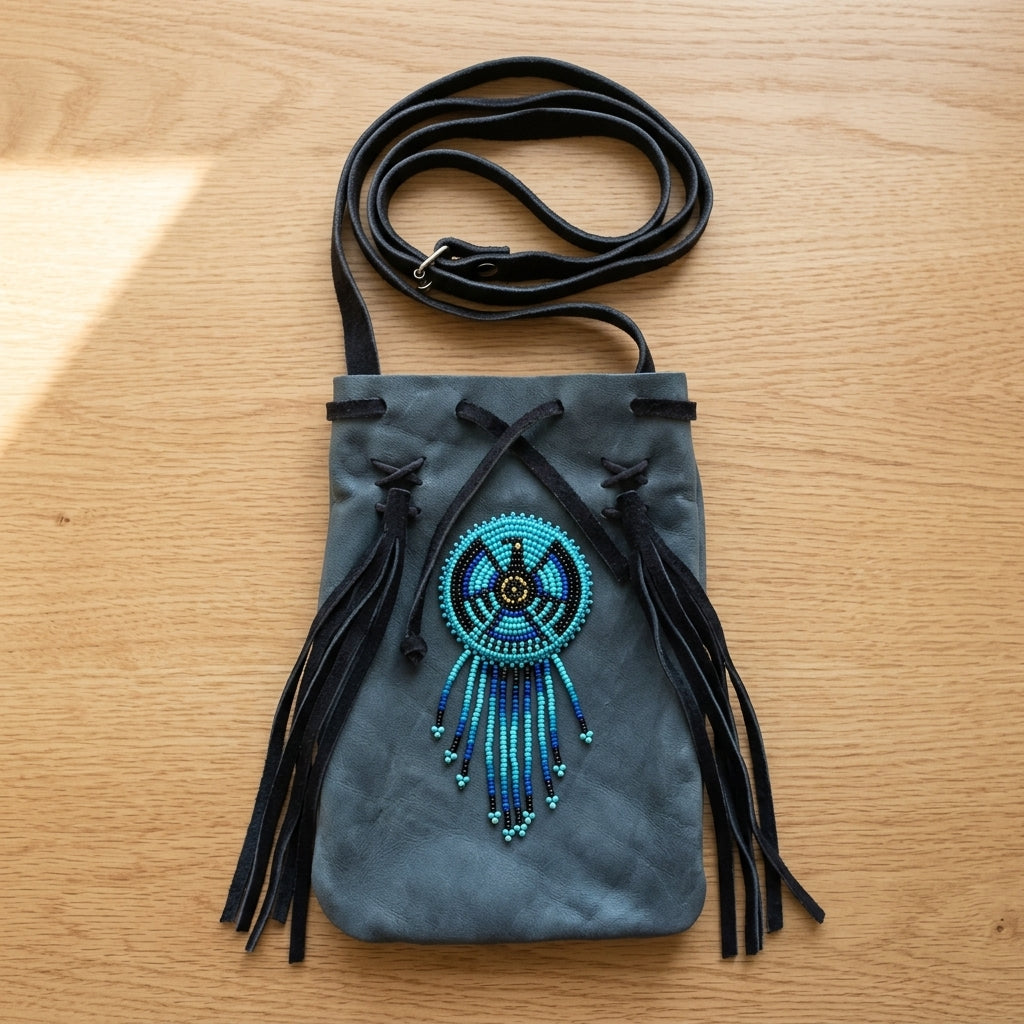 Beaded Suede Phone Pouch ~ Blue-2