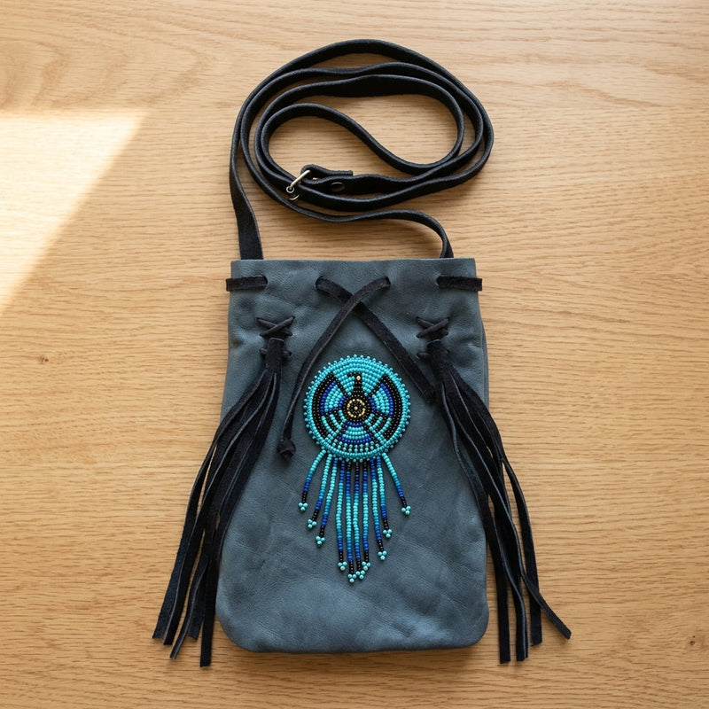 Beaded Suede Phone Pouch ~ Blue-2