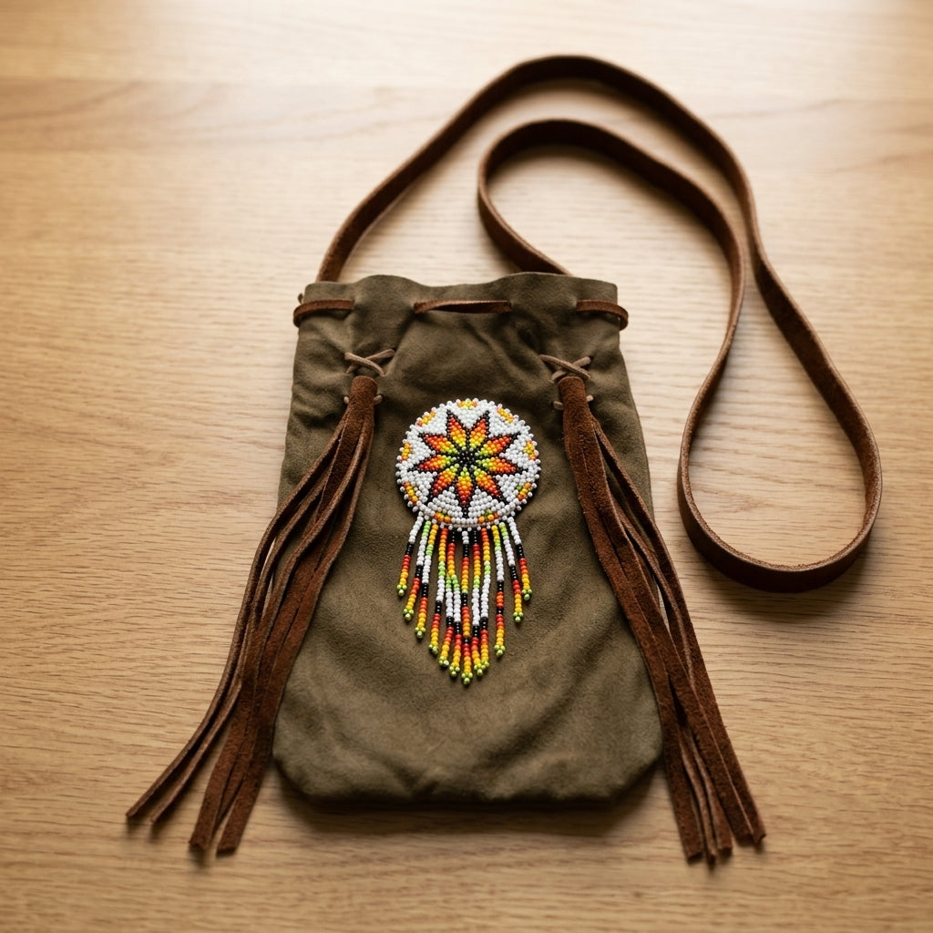 Beaded Suede Phone Pouch ~ light brown-2