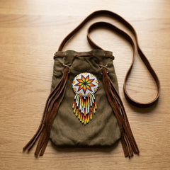 Beaded Suede Phone Pouch ~ light brown-2