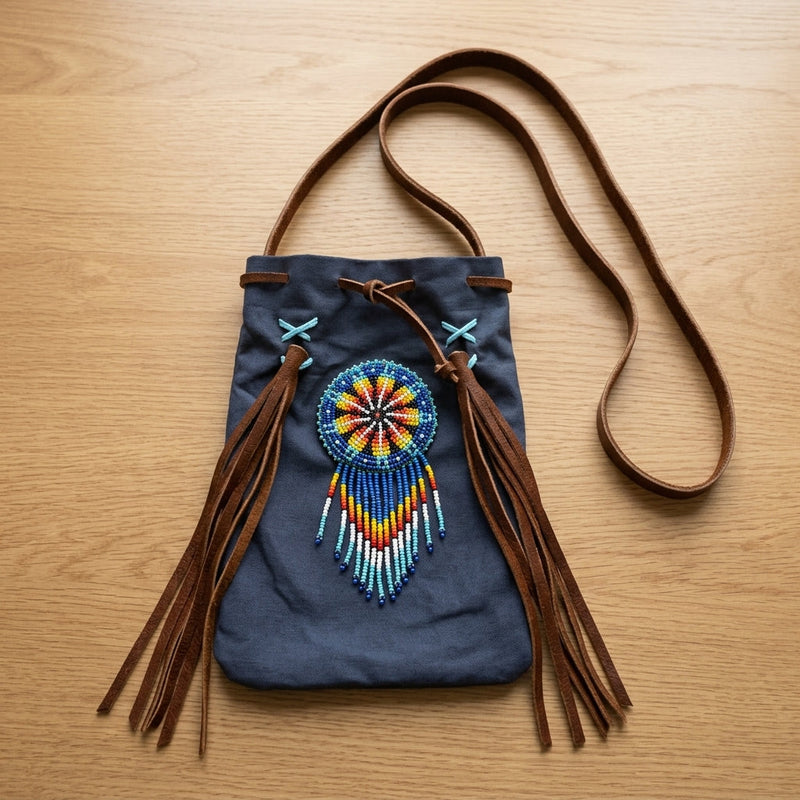 Beaded Suede Phone Pouch ~ Sage & Fringe Rosette-2
