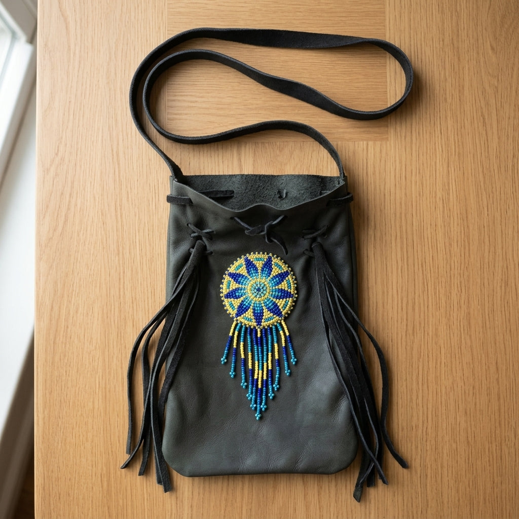 Beaded Suede Phone Pouch ~ Blue-3
