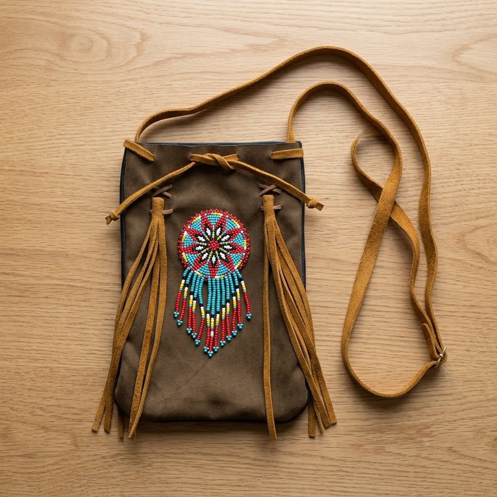 Beaded Suede Phone Pouch ~ light brown-3