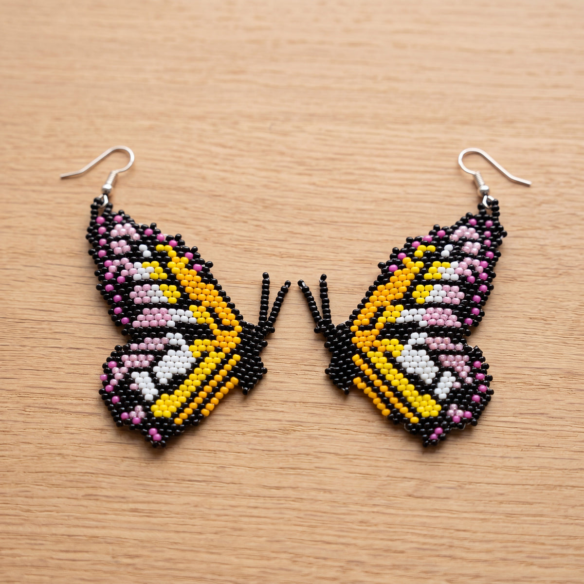 Beaded Butterfly Earrings — Black, Gold & Pink-1