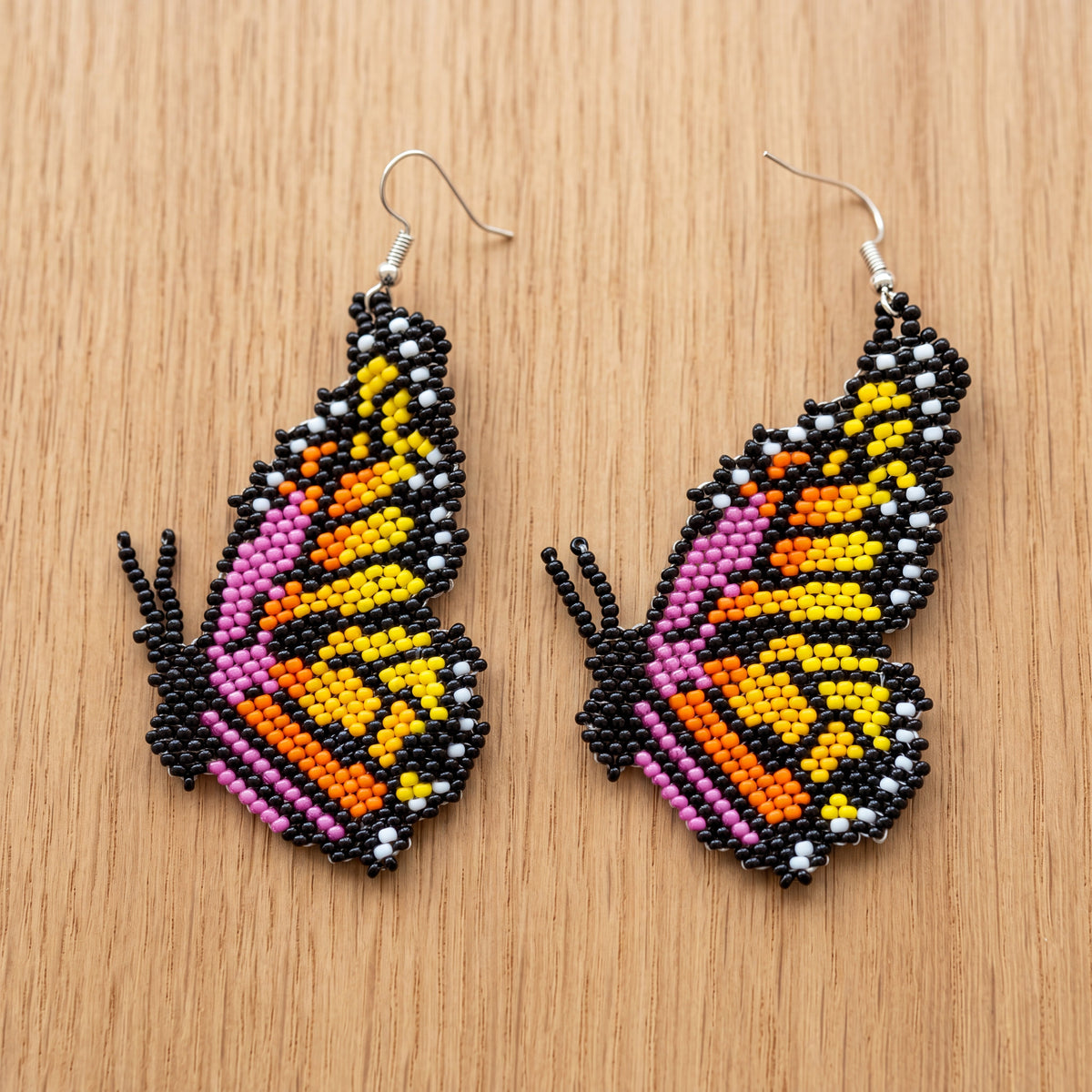 Beaded Butterfly Earrings — Black, Gold & Pink-2
