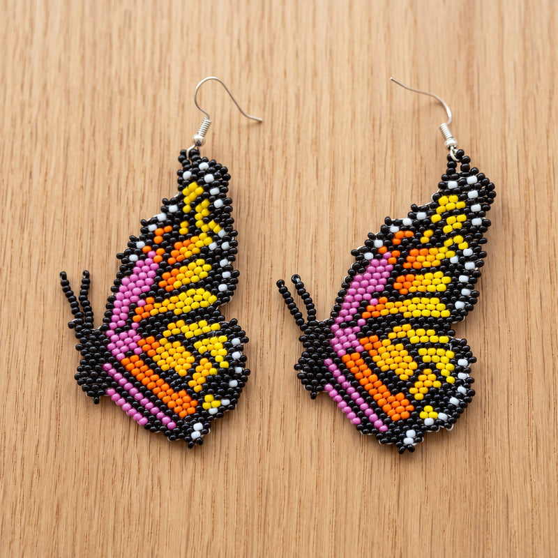 Beaded Butterfly Earrings — Black, Gold & Pink-2