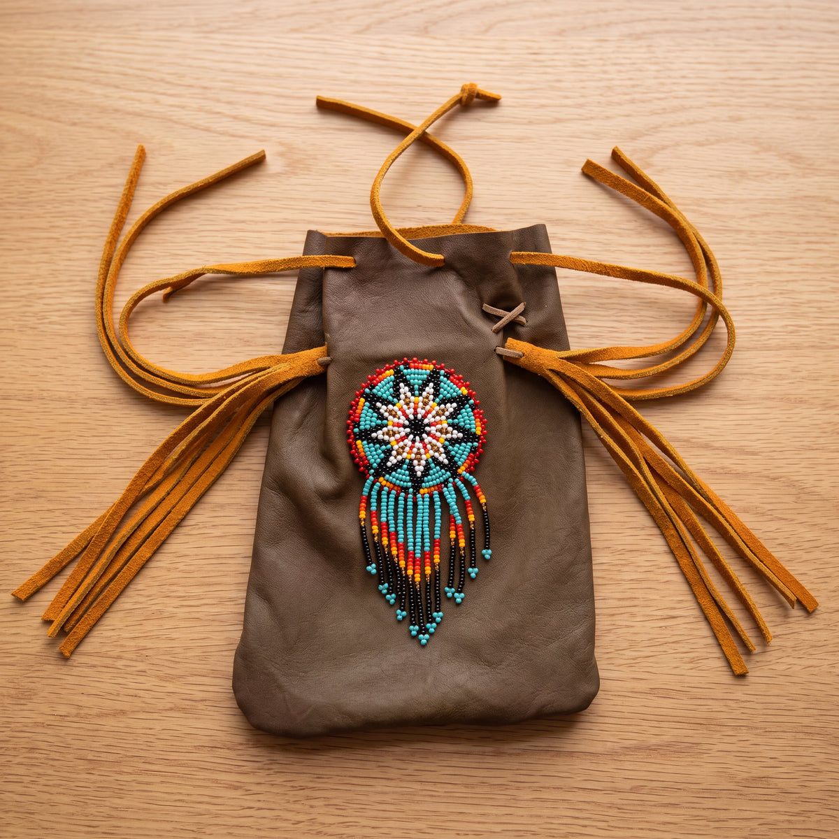 Beaded Suede Phone Pouch ~ Sage & Fringe Rosette-2