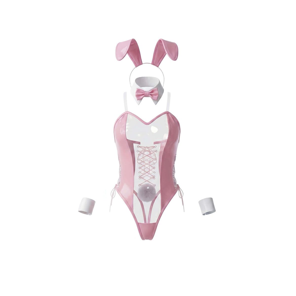 Bunny Girl PU Leather See Through Cosplay Bodysuit Costume Lingerie with Stockings-24