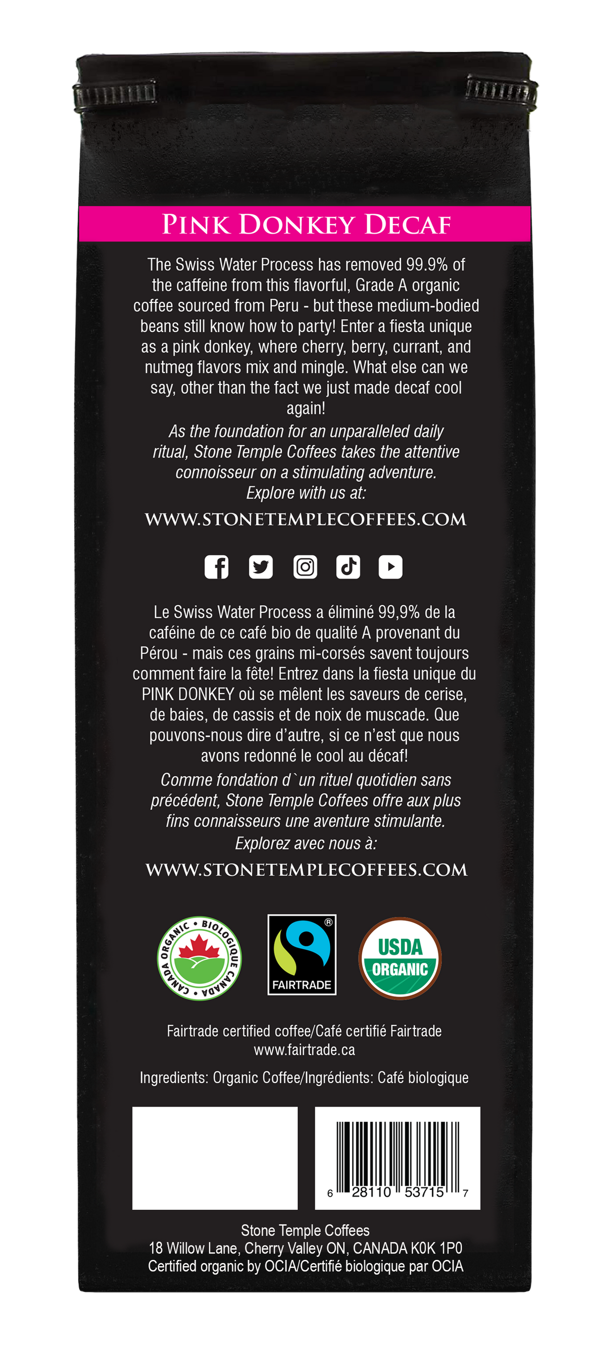 Pink Donkey Decaf - Ground, Medium Roast, Certified Organic OCIA/ Fairtrade Coffee 1lb/454g-3