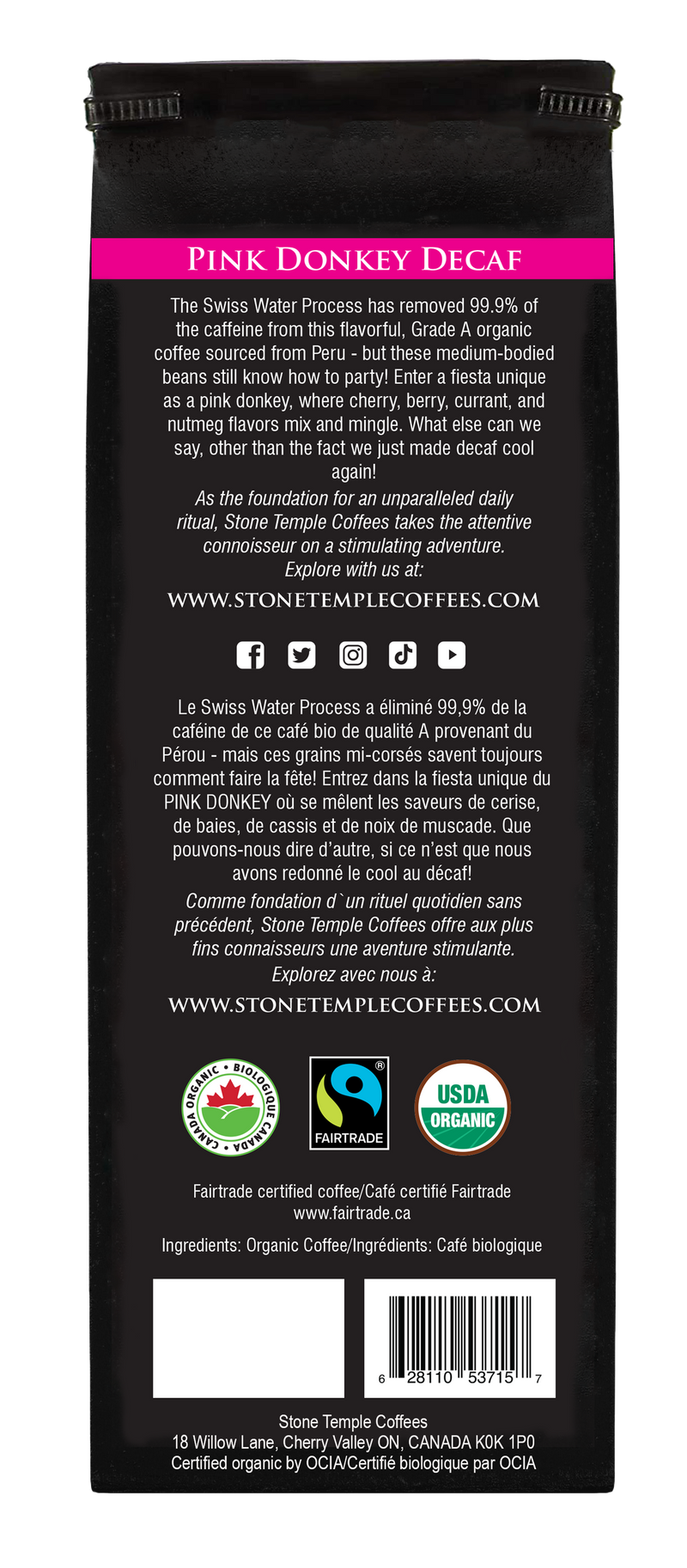Pink Donkey Decaf - Ground, Medium Roast, Certified Organic OCIA/ Fairtrade Coffee 1lb/454g-3