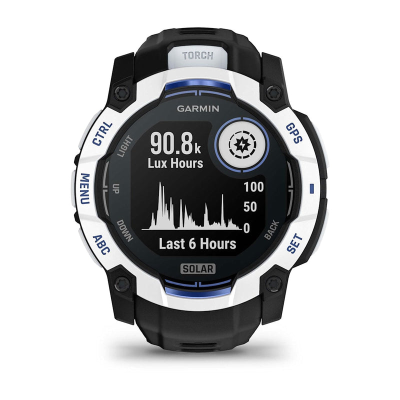 Instinct® 3 – 50 mm, Solar Whitestone with Black/Bolt Blue Band-2