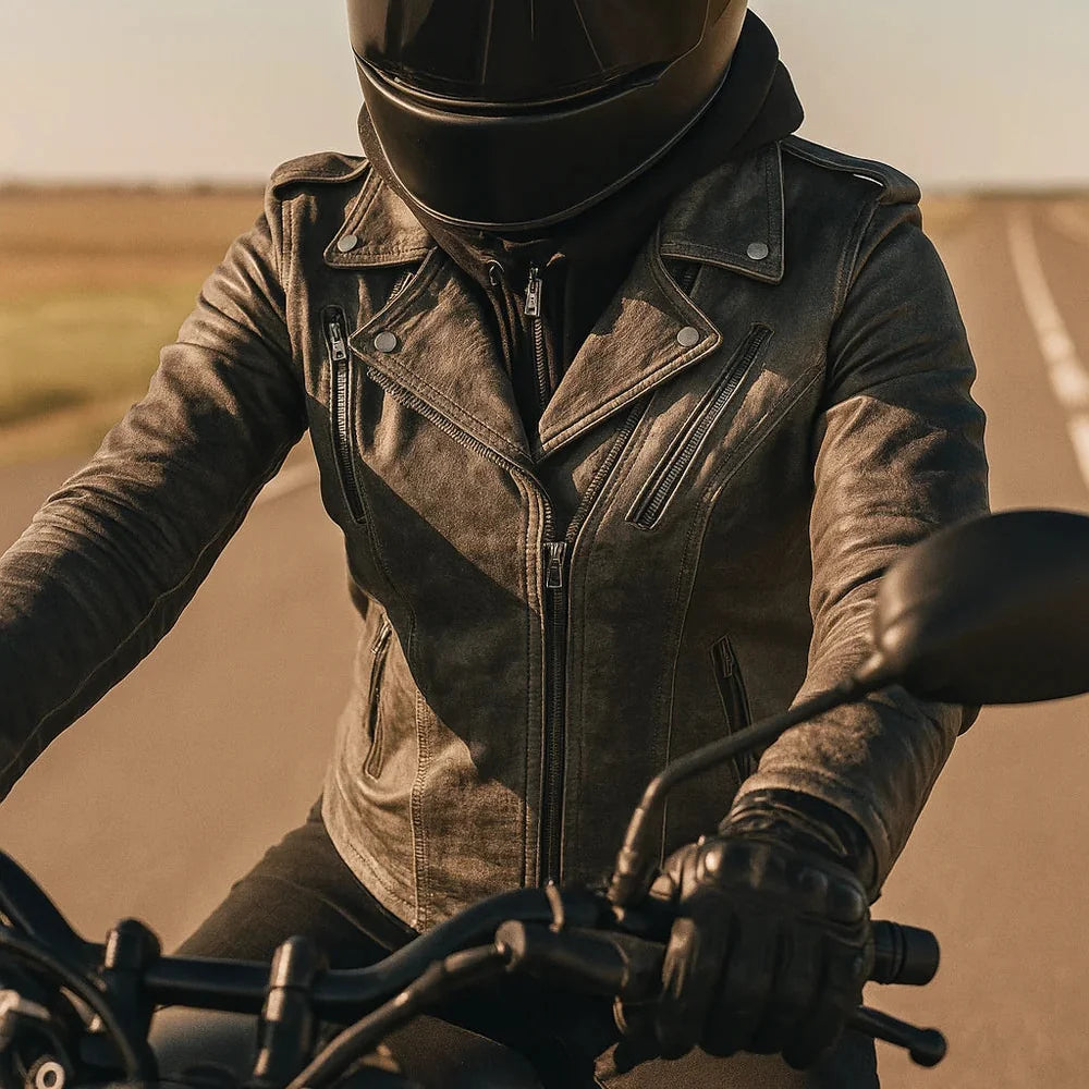 Open Road Women's Hooded Classic Leather Motorcycle Jacket-11