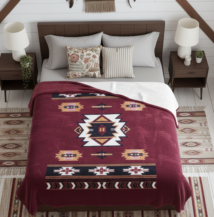 Maroon Navajo Ultra Soft Luxury Plush Blanket-1