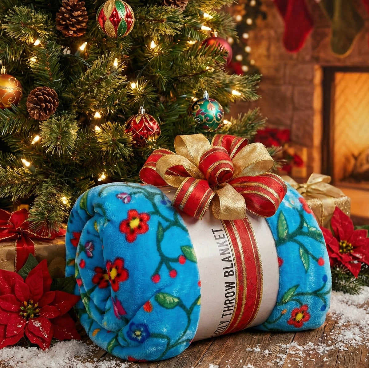 Anishinaabe Enchantment" turquoise Floral Plush Throw Blanket-1