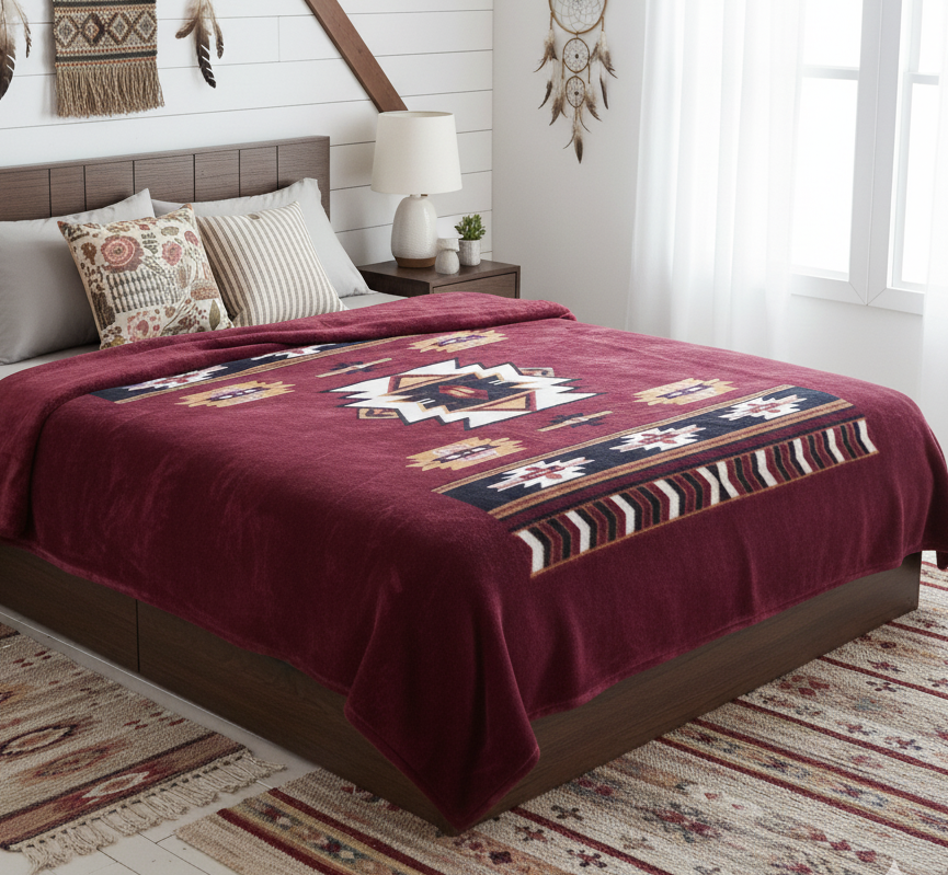 Maroon Navajo Ultra Soft Luxury Plush Blanket-2