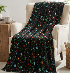 Anishinaabe Enchantment" black Floral Plush Throw Blanket-2