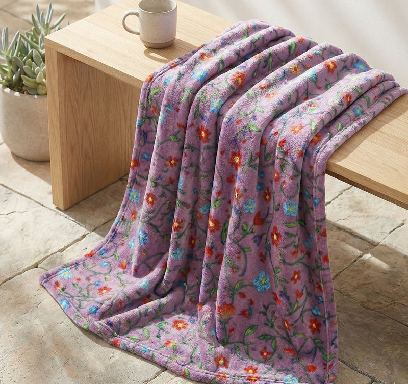 Anishinaabe Enchantment" Purple Floral Plush Throw Blanket-1