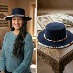 Size-60 Beaded Flat-Brim Felt Hats-1