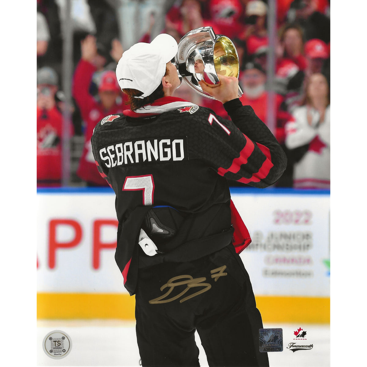 Donovan Sebrango Autographed Team Canada Celebrating w/ Trophy 8x10 Photo-1