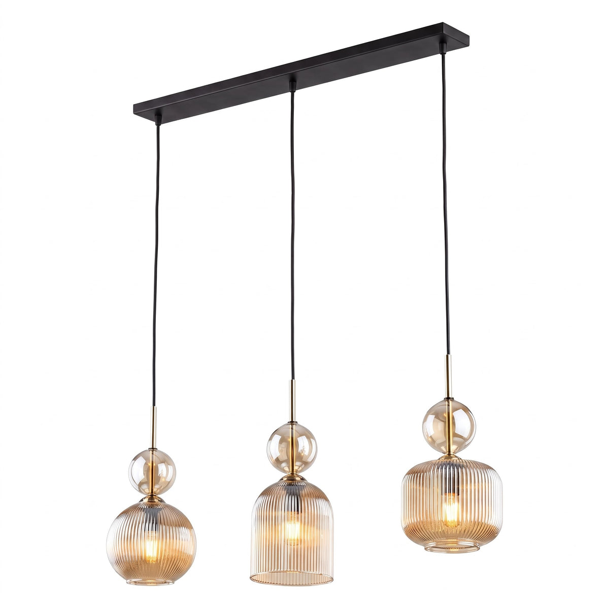 SOPHIA Cognac Ribbed Glass 3-Light Linear Pendant for Dining, Living Room & Kitchen-2
