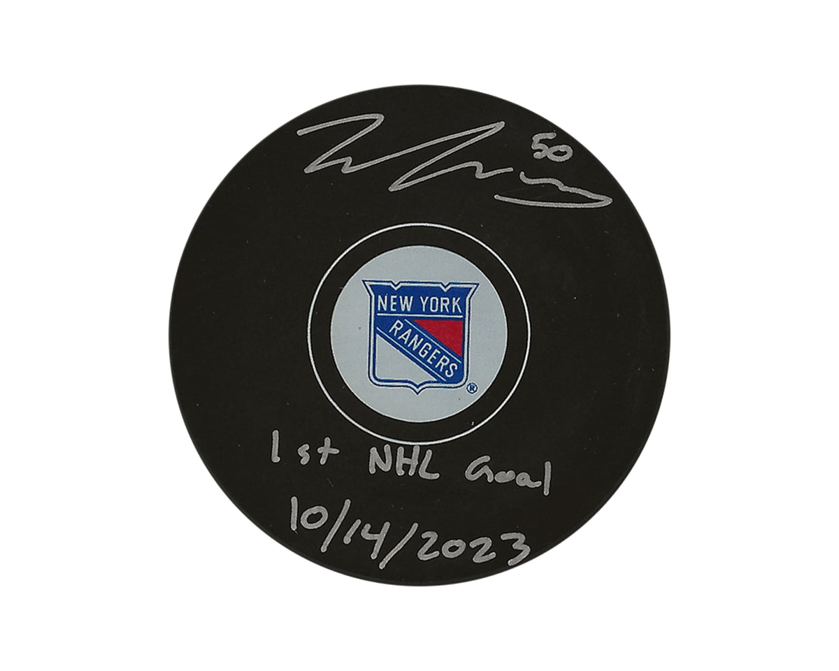 Will Cuylle Autographed New York Rangers Autograph Model Puck Inscribed "1st NHL Goal 10/14/2023"