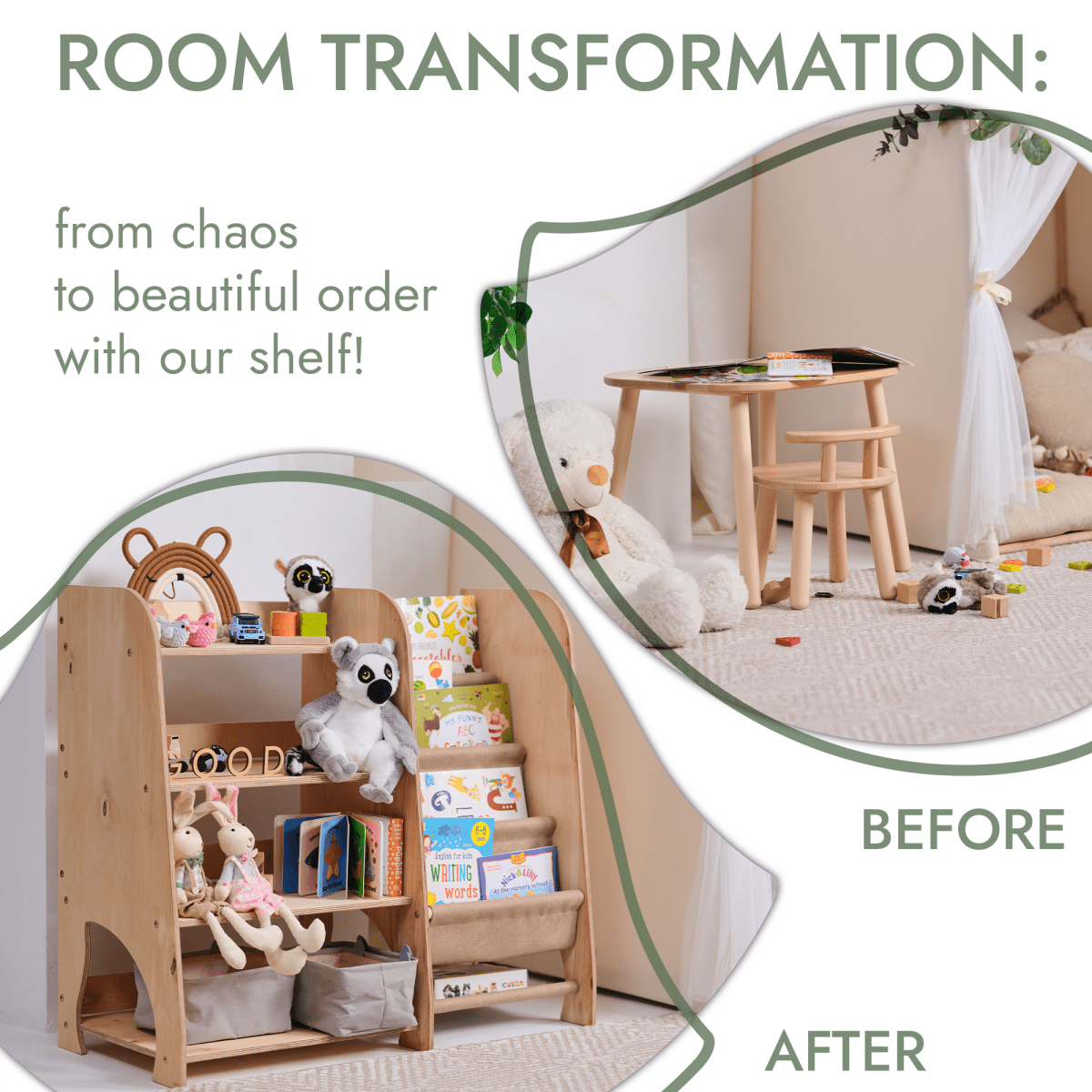 Wooden Montessori Shelves for Toddler 2in1: Bookshelf & Toy Shelving-6