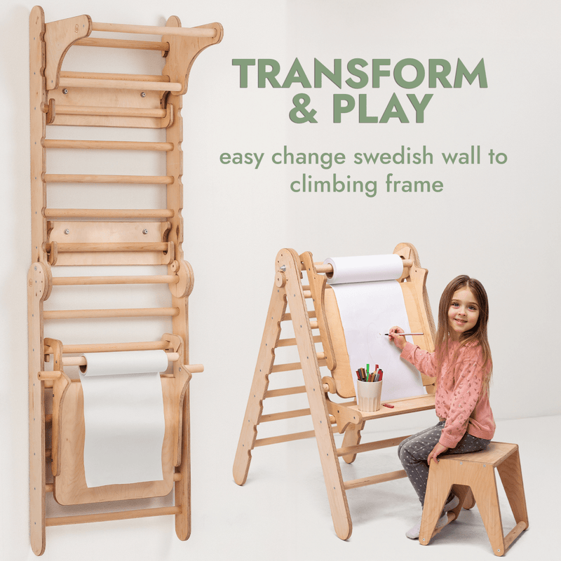 Wooden Swedish Wall 7in1/ Climbing ladder for Children + Swing Set + Slide Board + Art Add-on-4