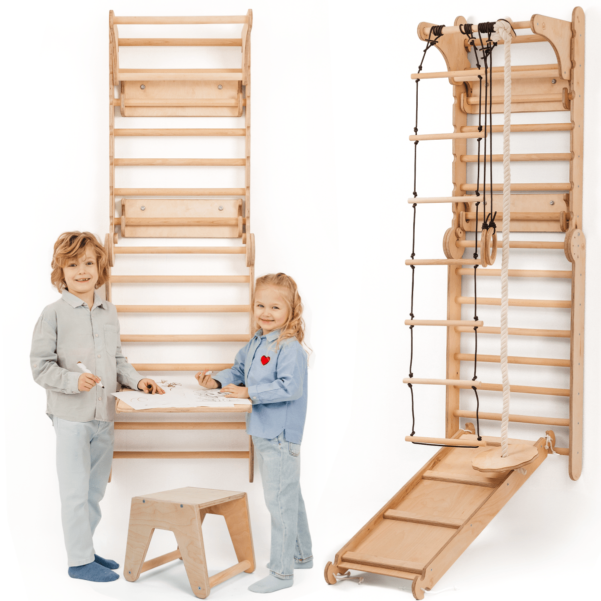 Wooden Swedish Wall 7in1/ Climbing ladder for Children + Swing Set + Slide Board + Art Add-on-1