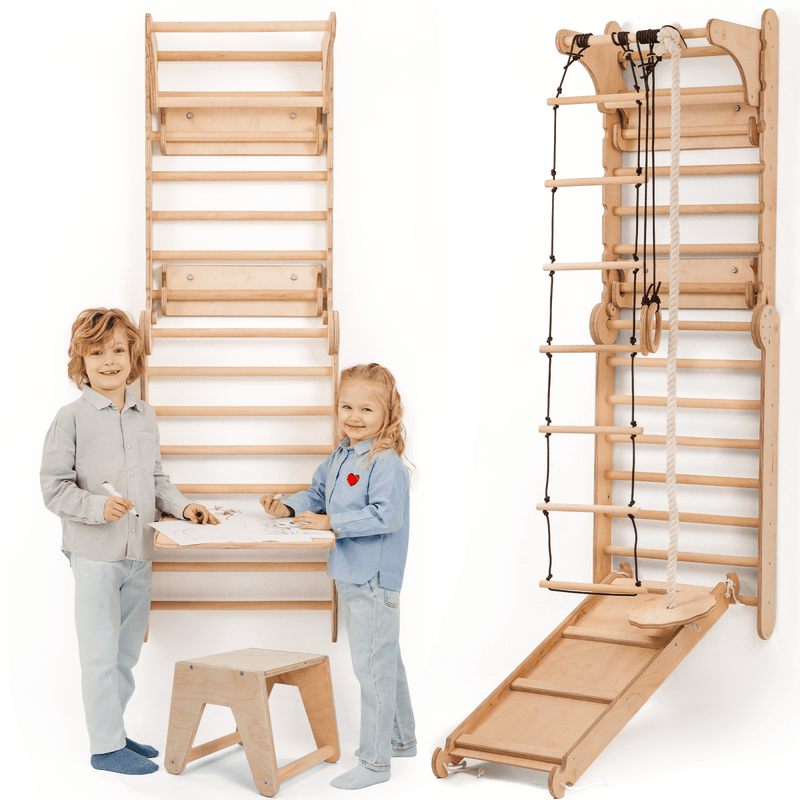 Wooden Swedish Wall 7in1/ Climbing ladder for Children + Swing Set + Slide Board + Art Add-on-1