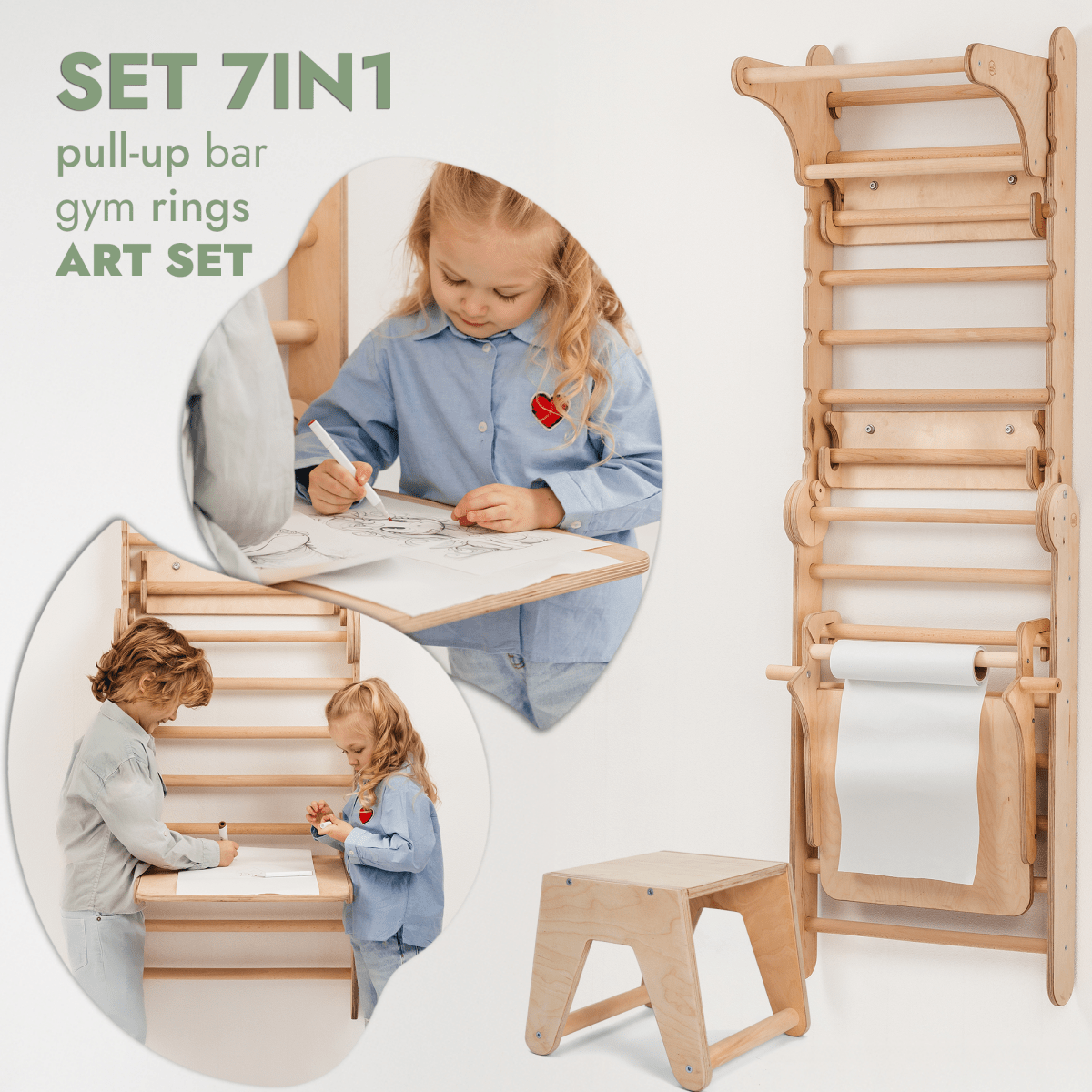 Wooden Swedish Wall 7in1/ Climbing ladder for Children + Swing Set + Slide Board + Art Add-on-5