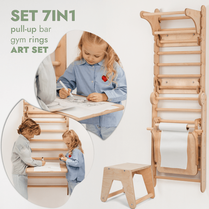 Wooden Swedish Wall 7in1/ Climbing ladder for Children + Swing Set + Slide Board + Art Add-on-5