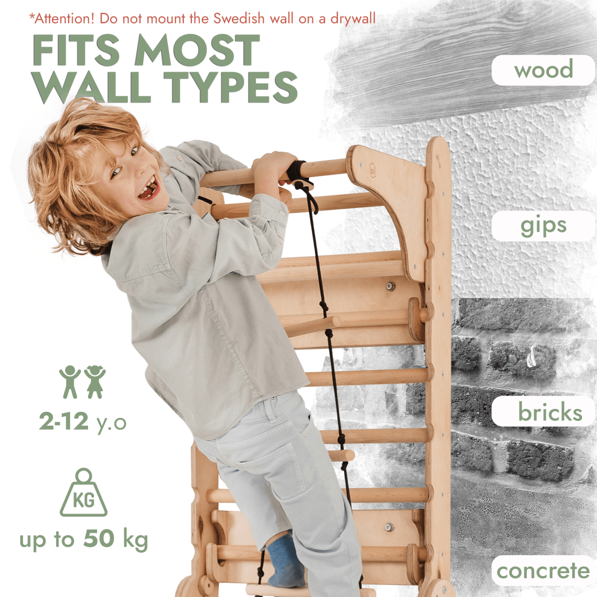 Wooden Swedish Wall 7in1/ Climbing ladder for Children + Swing Set + Slide Board + Art Add-on-6