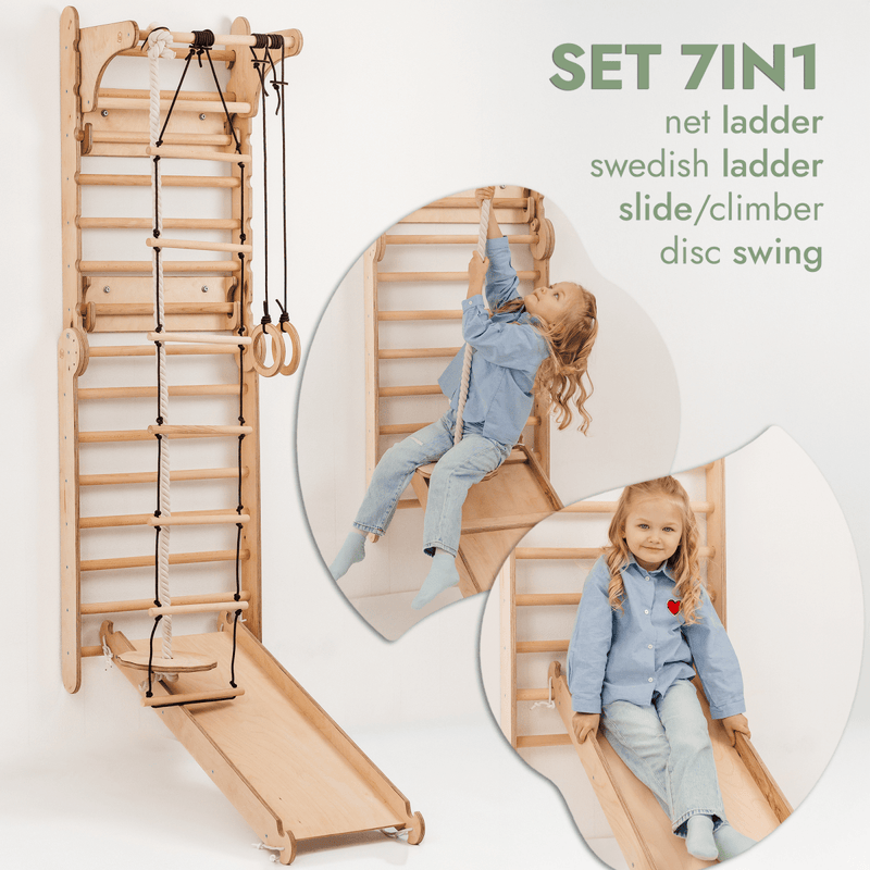 Wooden Swedish Wall 7in1/ Climbing ladder for Children + Swing Set + Slide Board + Art Add-on-3
